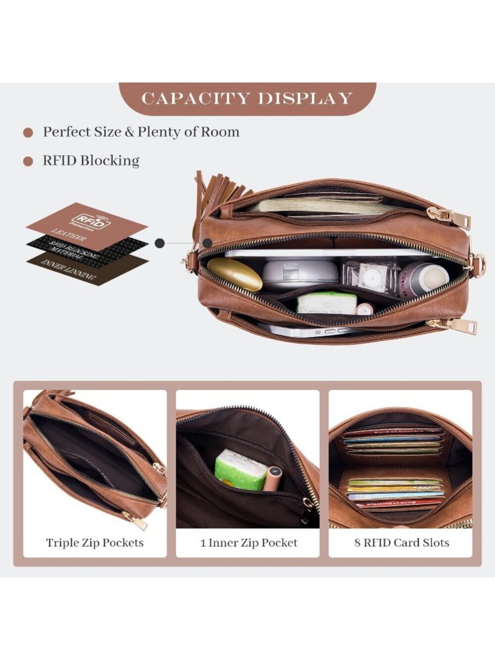 Women's Brown Leather Triple Zip Small Crossbody Bag Wallet with Card Slots - Picture 3 of 6